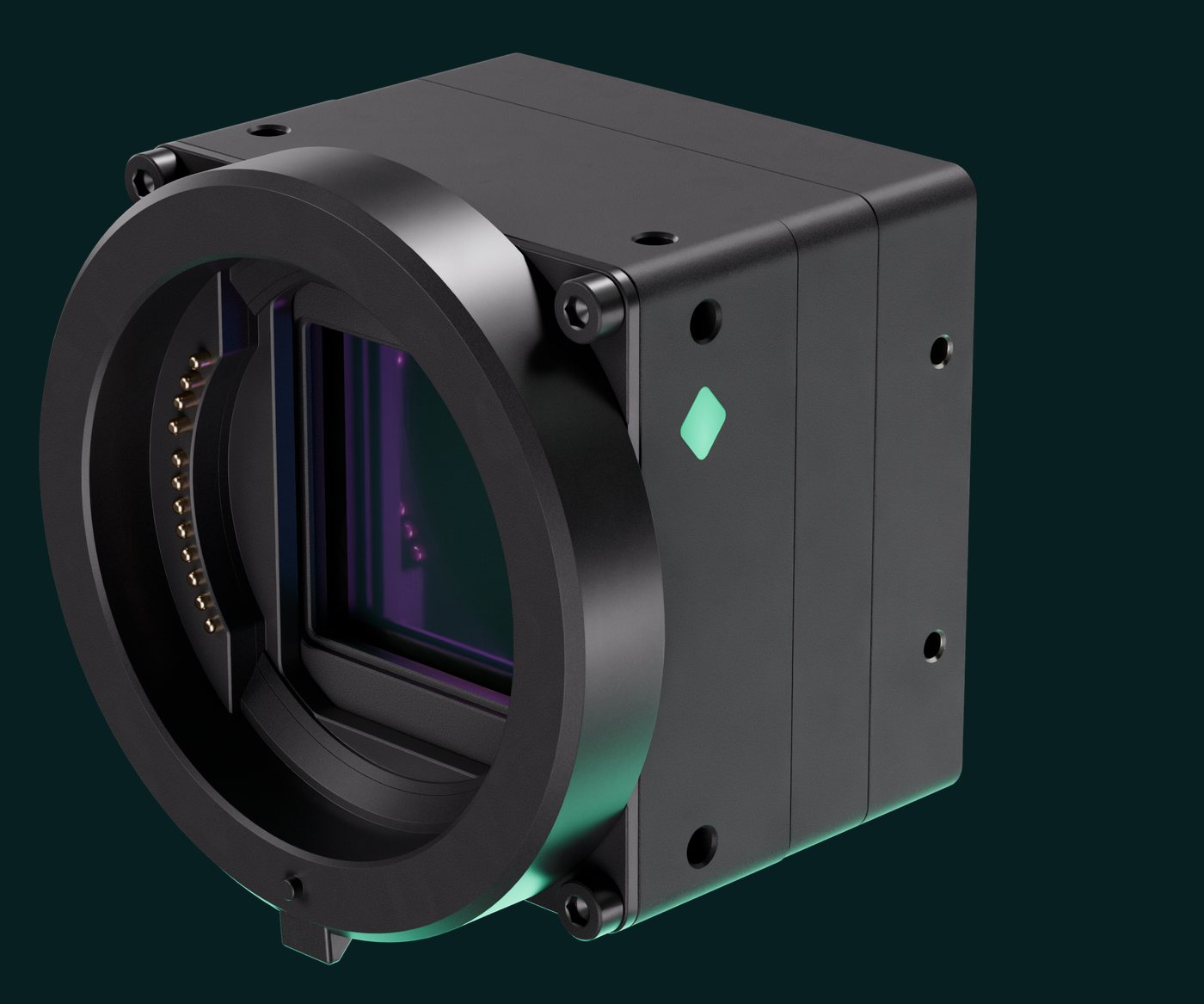 ECHO camera body with Canon RF mount, front three-quarter view