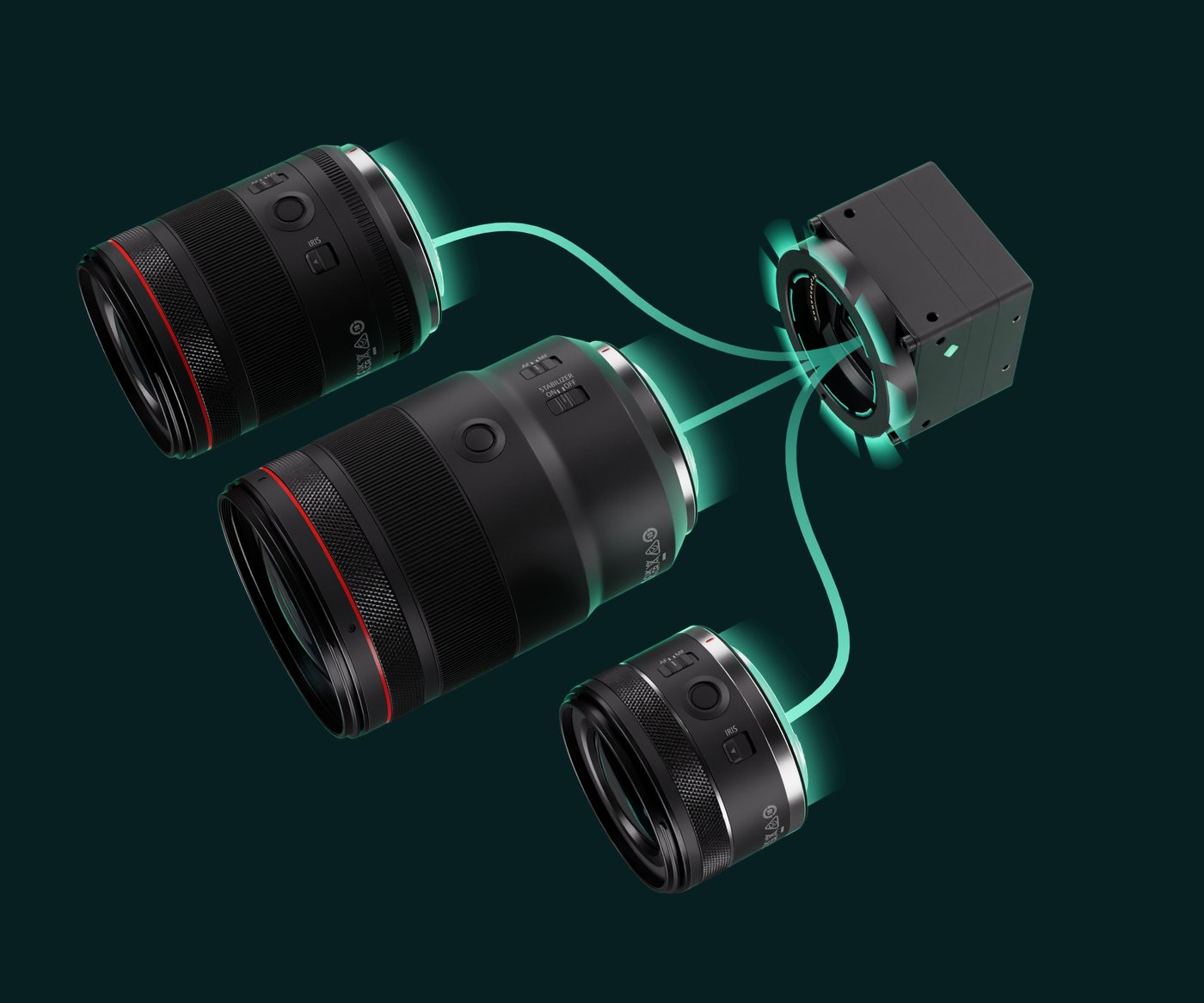 Three interchangeable Canon RF lenses coupling to the ECHO body