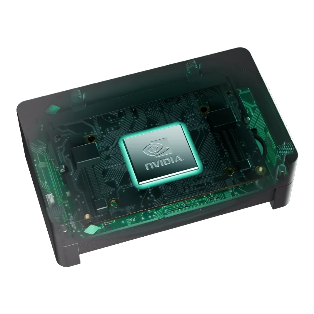 Cutaway of the FORGE module: an NVIDIA Jetson compute board inside a sealed enclosure, the processor lit at the centre of the board.