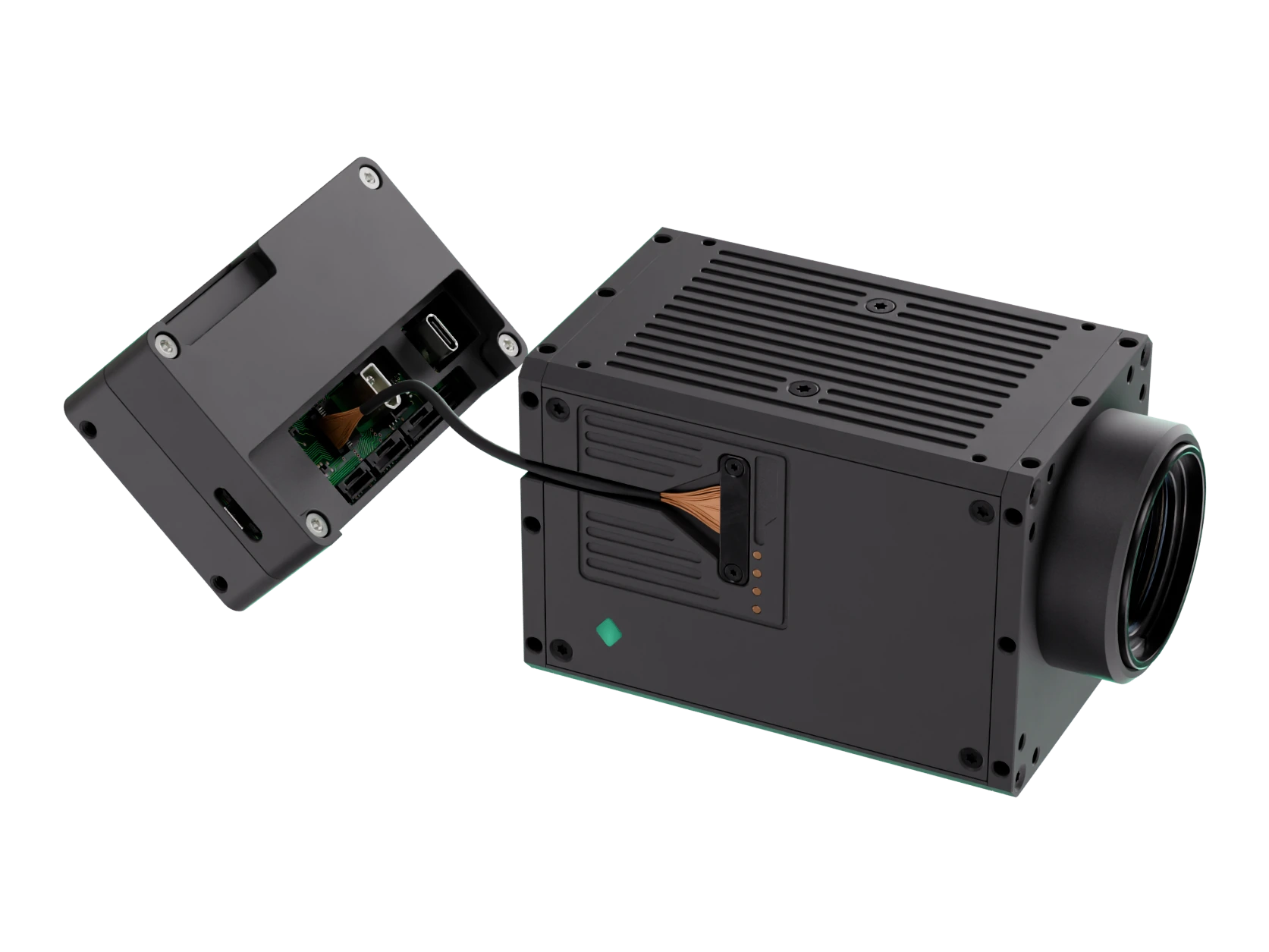 ROOK 10K perception sensor with its FORGE processing module, connected by ribbon cable.