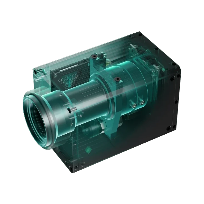 Transparent cutaway of ROOK showing the fixed integrated optic and sensor board inside the sealed body, with no interchangeable parts.