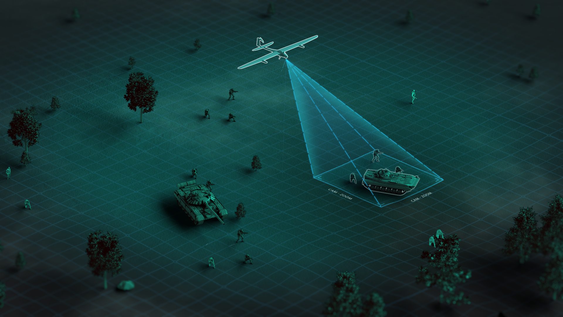 Isometric view of a UAV projecting a narrow zoom camera cone onto a single armoured vehicle for fine detail, while a second vehicle sits outside the zoom window.